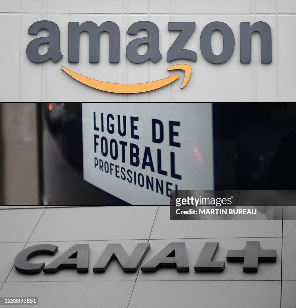 Combination of pictures made on June 11, 2021 shows the logo of US online retail giant Amazon at the distribution center in Staten Island on March 30...