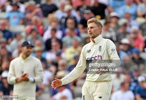 England's Joe Root reacts after bowling during the second day of the second Test match between England and New Zealand at Edgbaston Cricket Ground in...