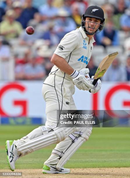 New Zealand's Will Young bats during the second day of the second Test match between England and New Zealand at Edgbaston Cricket Ground in...