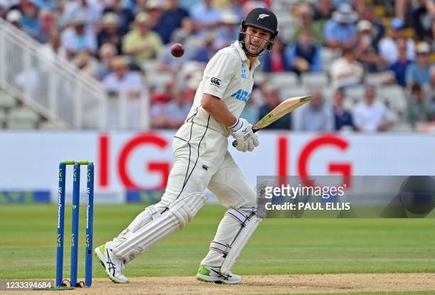 New Zealand's Will Young bats during the second day of the second Test match between England and New Zealand at Edgbaston Cricket Ground in...