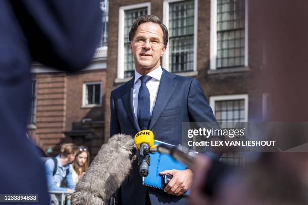 Dutch outgoing Prime Minister Mark Rutte speaks to the press after a conversation with informateur Mariette Hamer, who helps guide Cabinet formation...