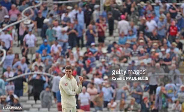 England's Dan Lawrence reacts after bowling during the second day of the second Test match between England and New Zealand at Edgbaston Cricket...