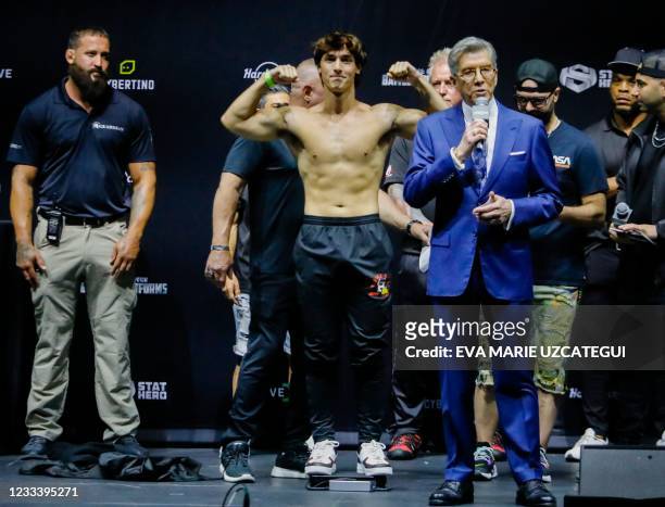 TikTok personality Bryce Hall takes part in the weigh-in ahead of his June 12 "Social Gloves: Battle of the Platforms" exhibition boxing match...