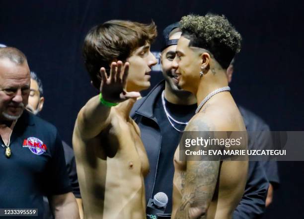 TikTok personality Bryce Hall and YouTube personality Austin McBroom face-off during their weigh-in ahead of their June 12 "Social Gloves: Battle of...