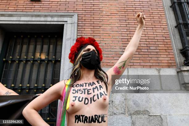 This image contains nudity.) Femen activists protest in front of the Ministry of Justice in Madrid, Spain on 11st June, 2021. The feminist movement...