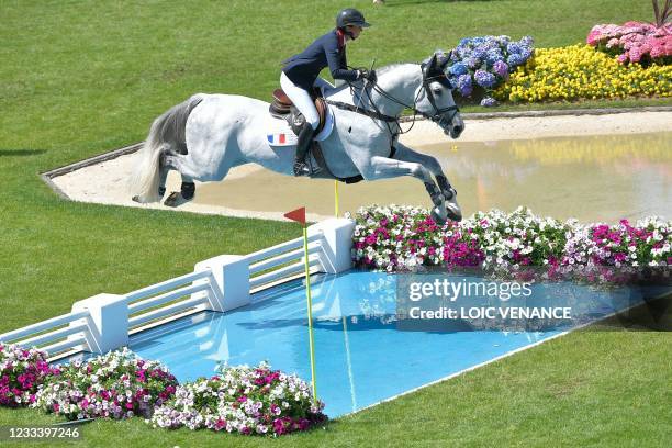 France's Penelope Leprevost rides GFE Excalibur de la Tour Vidal during the Longines FEI Jumping Nations Cup of France, in La Baule, western France,...