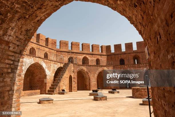 Interior view of the Kizil Kule or Red Tower battlements and historic ancient castle walls at Alanya Harbour, on the Turkish Mediterranean. The...