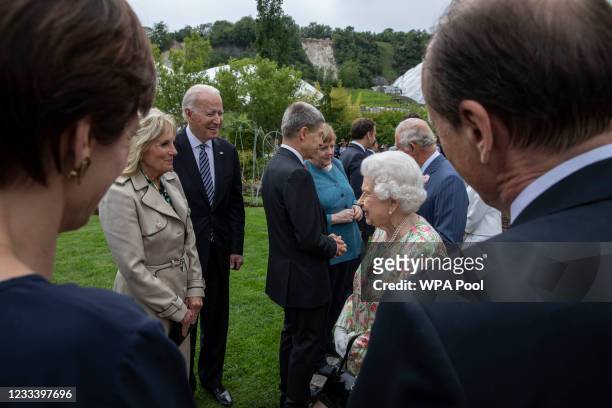United States President Joe Biden, First Lady Jill Biden and Queen Elizabeth II chat at a drinks reception for Queen Elizabeth II and G7 leaders at...