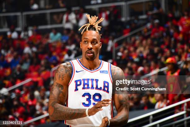 Dwight Howard of the Philadelphia 76ers looks on during the game against the Atlanta Hawks during Round 2, Game 3 of the Eastern Conference Playoffs...