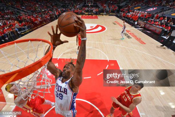 Dwight Howard of the Philadelphia 76ers dunks the ball against the Atlanta Hawks during Round 2, Game 3 of the Eastern Conference Playoffs on June...