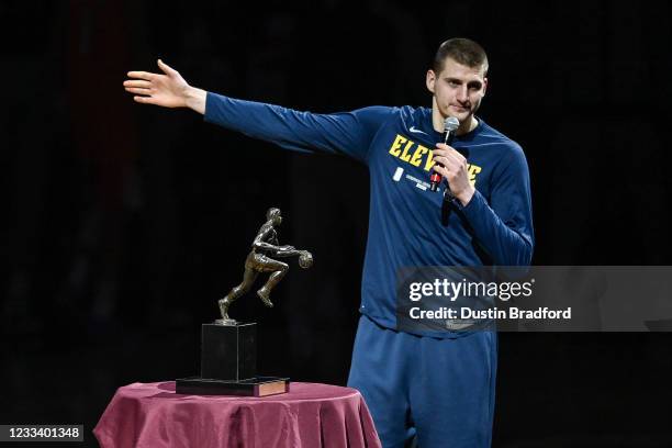 Nikola Jokic of the Denver Nuggets accepts the 2021 NBA MVP award before Game Three of the Western Conference second-round playoff series at Ball...