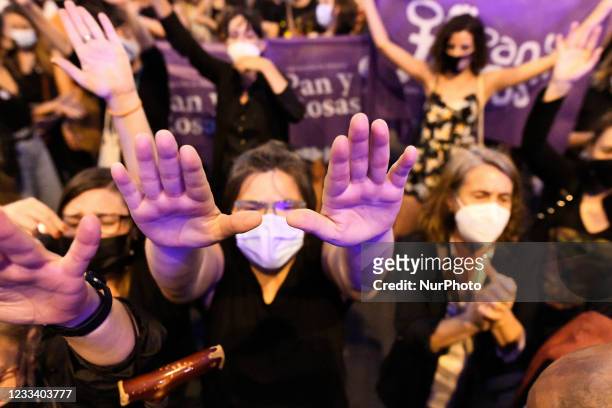 Protest against femicide, gender-based violence targeted at women in Madrid, Spain on 11st June, 2021. The feminist movement has called for rallies...