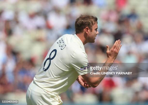 England bowler Stuart Broad gestures on the third day of the second Test cricket match between England and New Zealand at Edgbaston Cricket Ground in...