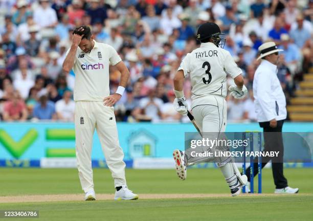 England's James Anderson reacts on the third day of the second Test cricket match between England and New Zealand at Edgbaston Cricket Ground in...