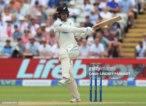 New Zealand's Daryl Mitchell plays a shot on the third day of the second Test cricket match between England and New Zealand at Edgbaston Cricket...