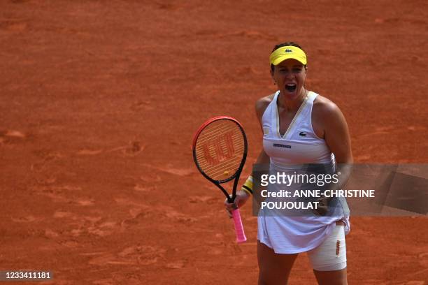 Russia's Anastasia Pavlyuchenkova reacts as she plays against Czech Republic's Barbora Krejcikova during their women's singles final tennis match on...