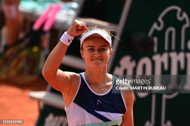 Czech Republic's Barbora Krejcikova celebrates after winning against Russia's Anastasia Pavlyuchenkova during their women's singles final tennis...