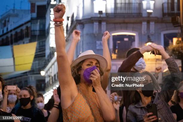 Feminist rally in repudiation of feminicides at Puerta del Sol in Madrid, Spain, on June 11 under the slogans: ''Ni una menos'' ; ''Si nos tocan a...