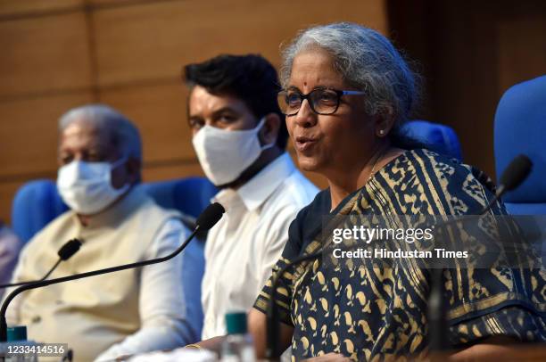 Union Finance Minister Nirmala Sitharaman with MoS Anurag Thakur and other officials addressing a press conference over meeting of GST Council to...