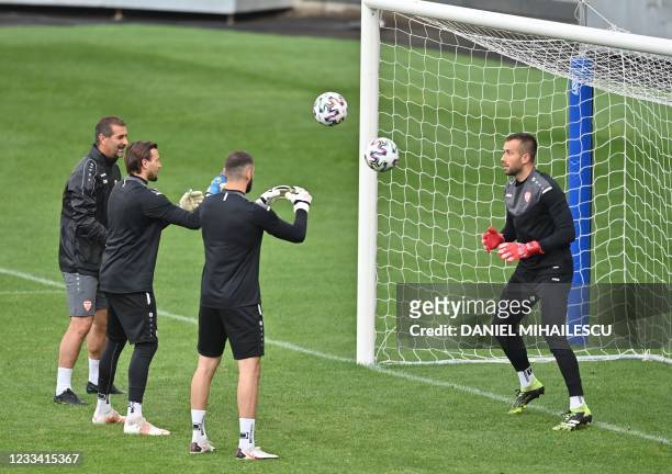 North Macedonia's goalkeeper Damjan Siskovski takes part in their MD-1 training session at Steaua Stadium in Bucharest, on June 12 the eve of their...