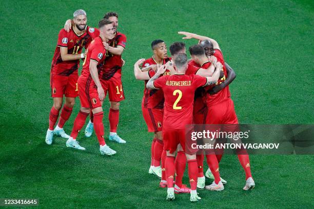 Belgium's defender Thomas Meunier celebrates with teammates after scoring his team's second goal during the UEFA EURO 2020 Group B football match...