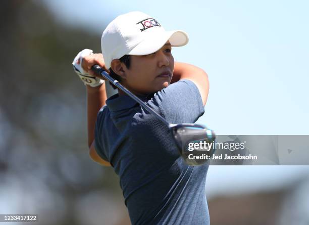 Haru Nomura of Japan tees off from the 5th hole during the round three of the LPGA Mediheal Championship at Lake Merced Golf Club on June 12, 2021 in...