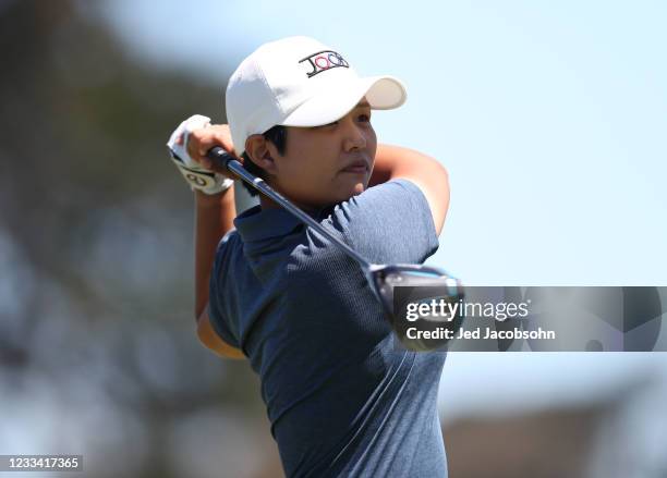 Haru Nomura of Japan tees off from the 5th hole during the round three of the LPGA Mediheal Championship at Lake Merced Golf Club on June 12, 2021 in...