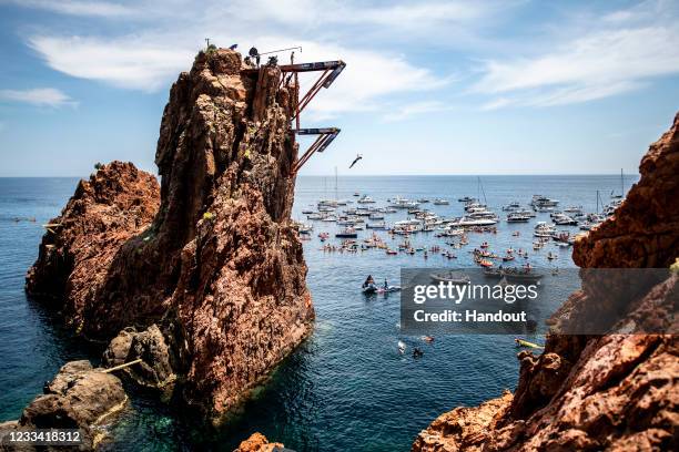 In this handout image provided by Red Bull, Anna Bader of Germany dives from the 21 metre platform during the final competition day of the first stop...