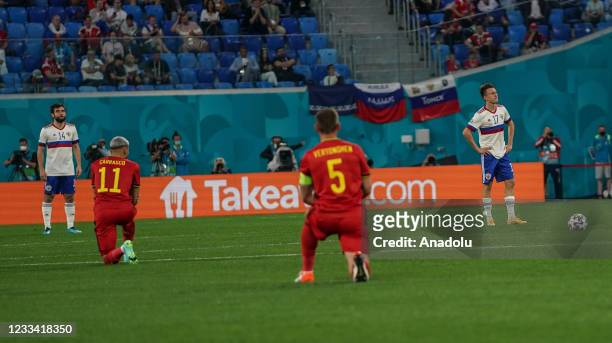 Jan Vertonghen and Yannick Carrasco of Belgium gesture during the UEFA EURO 2020 Group B match between Belgium and Russia at Petersburg Krestovskiy...