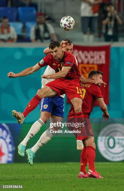 Thomas Meunier of Belgium in action against Artem Dzyuba of Russia during the UEFA EURO 2020 Group B match between Belgium and Russia at Petersburg...