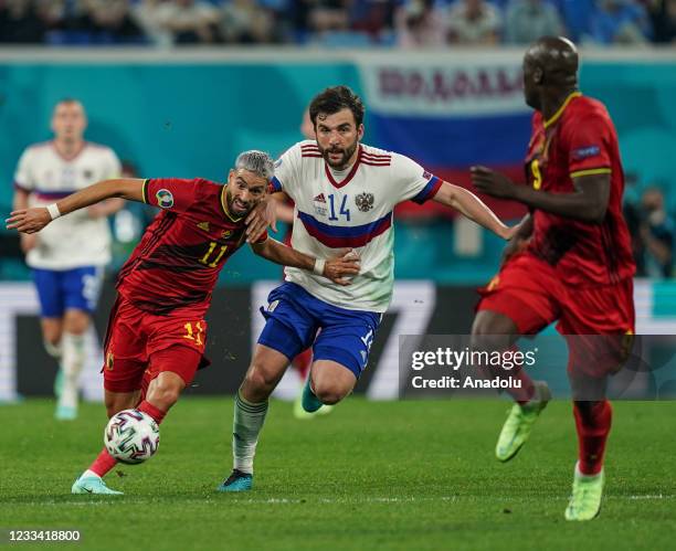 Yannick Carrasco of Belgium in action against Georgiy Cikiya of Russia during the UEFA EURO 2020 Group B match between Belgium and Russia at...