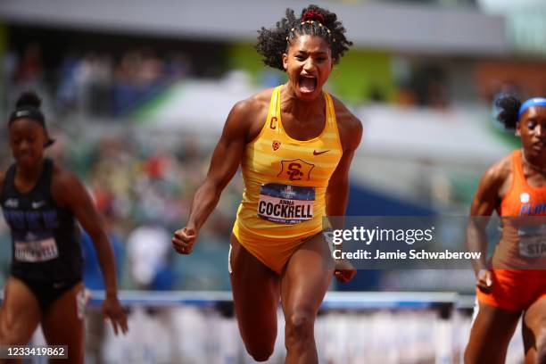 Anna Cockrell of the USC Trojans reacts to winning the womens 100 meter hurdles during the Division I Men's and Women's Outdoor Track & Field...