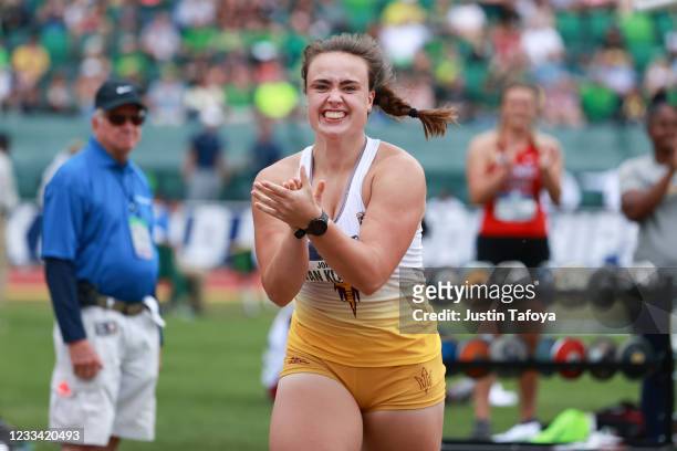 Jorinde Van Klinken of the Arizona state Sun Devils reacts after winning the womens discus throw during the Division I Men's and Women's Outdoor...