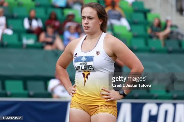 Jorinde Van Klinken of the Arizona state Sun Devils reacts after winning the womens discus throw during the Division I Men's and Women's Outdoor...