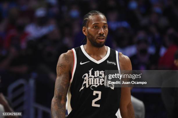 Kawhi Leonard of the LA Clippers looks on during Round 2, Game 3 of the 2021 NBA Playoffs on June 12, 2021 at STAPLES Center in Los Angeles,...