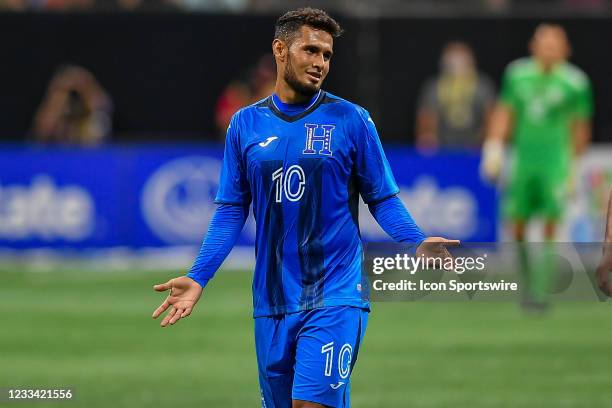 Honduras midfielder Alexander Lopez gestures to the referee during the international friendly match between Honduras and Mexico on June 12th, 2021 at...