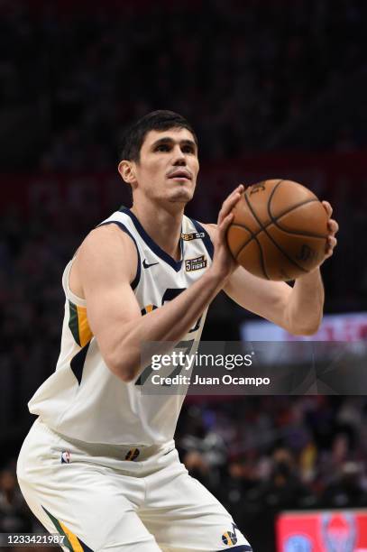 Ersan Ilyasova of the Utah Jazz shoots a free throw against the LA Clippers during Round 2, Game 3 of the 2021 NBA Playoffs on June 12, 2021 at...