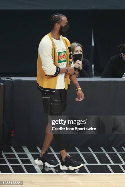 Utah Jazz guard Mike Conley in plain clothes during game 3 of the second round of the NBA Western Conference playoffs between the Utah Jazz and the...