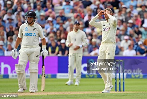 England's Joe Root reacts after bowling during the second day of the second Test match between England and New Zealand at Edgbaston Cricket Ground in...