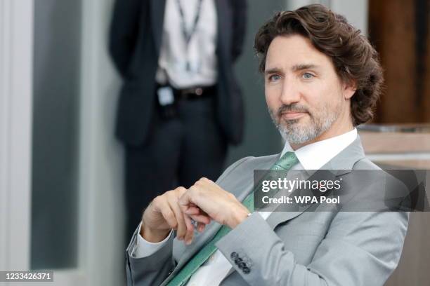 Canadian Prime Minister Justin Trudeau attends a plenary session during G7 summit in Carbis Bay on June 13, 2021 in Cornwall, United Kingdom. UK...
