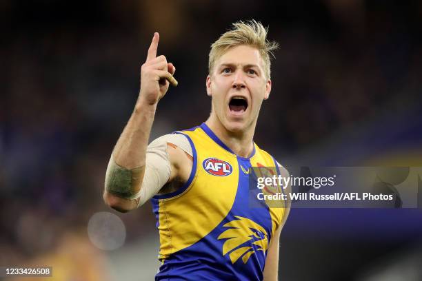 Oscar Allen of the Eagles celebrates after scoring a goal during the 2021 AFL Round 13 match between the West Coast Eagles and the Richmond Tigers at...