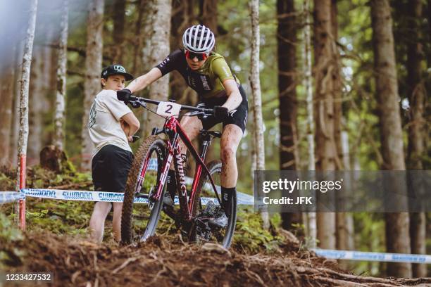 S Haley Batten competes during the Women's Cross Country competition of the UCI Mountain Bike World Cup in Leogang, Austria, on June 13, 2021. - -...