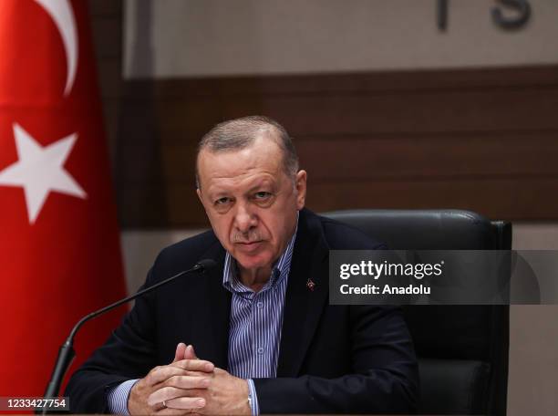 Turkish President Recep Tayyip Erdogan makes a statement during a press conference ahead of his flight to Brussels for NATO Leaders Summit at Ataturk...