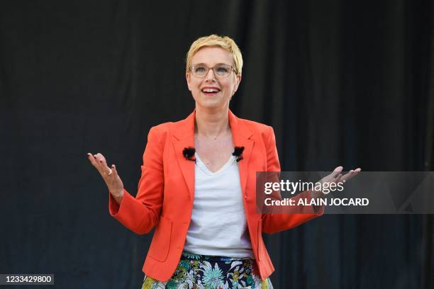 Leftist La France Insoumise party's MP Clementine Autain and candidate for the regional election in Ile-de-France speaks during a campaign rally...