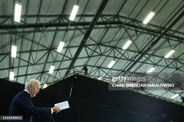 President Joe Biden takes part in a press conference on the final day of the G7 summit at Cornwall Airport Newquay, near Newquay, Cornwall on June...