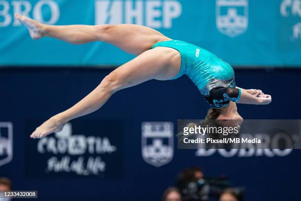 Gymnast Ana Djerek of Croatia competes in the Women's Balance Beam during Day two FIG World Challenge Cup 2021 Finals at Sports arena Gradski vrt in...