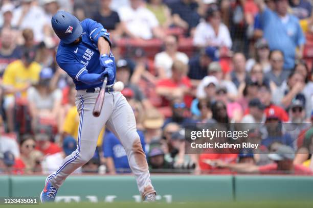 Marcus Semien of the Toronto Blue hits a solo home run in the second inning against the Boston Red Sox at Fenway Park on June 13, 2021 in Boston,...