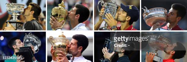 This combination of pictures created on June 13, 2021 shows Serbia's tennis player Novak Djokovic celebrating and kissing from the Norman Brookes...