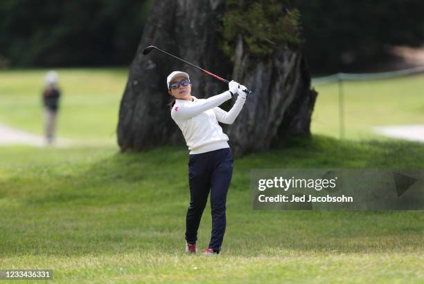 Ayako Uehara of Japan hits a shot on the first hole during the final round of the LPGA Mediheal Championship at Lake Merced Golf Club on June 13,...