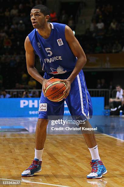 Nicolas Batum of France throws the ball during the EuroBasket 2011 first round group B match between Israel and France at Siauliai Arena on September...